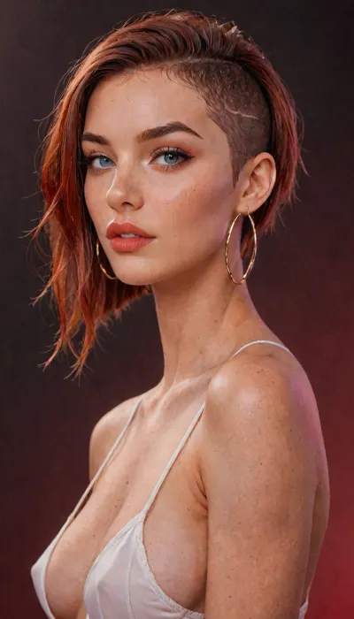 Cyberpunk Style, 1woman, upper body, beautiful face, hoop earrings, from half-side view, Undercut Hair, Long pixie Cut Hair, (white long hair), (big perky tits), jewelry, looking at the viewer, makeup, nose piercing, slim lips, parted lips, teeth visible, (perfekt medium perky breasts), (dark red simple background:1.6), blue eyes, seductive pose, futuristic-fantasy-style, comic, book, <lora:sd_xl_turbo_lora_v1-64dim:.1>, <lora:EldritchComicsXL1.2:2>, <lora:attractive_notrigger:2>
