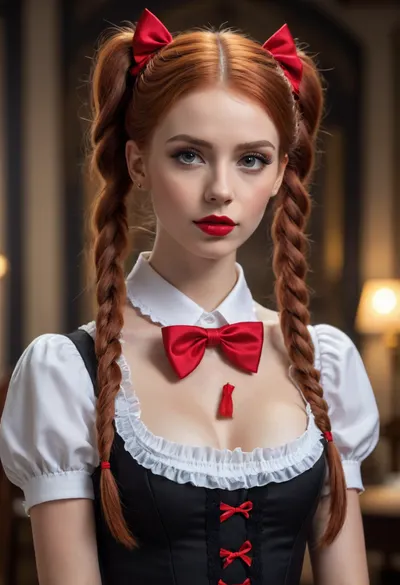 Close up Raw photo, 8k uhd, high quality, high resolution, ultra-detailed, professional photography, photorealism, realistic, beautiful sexy skinny tall supermodel 25yp woman, maid look, beautiful face, long pigtails hairstyle with red bows, redhead hair, seductive face, makeup, red lipstick, full body visible, complete body showing bmbplora