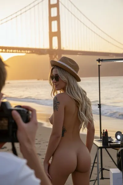 A photorealistic fashion photoshoot on a beach at sunset in a warm golden glow, mist and soft atmospheric haze enveloping the scene, the Golden Gate Bridge far in the background, softly blurred, glowing in golden light, the shoreline reflecting the sun’s colors, the focus is on a slender blonde model, 22 years old, silent smile, natural beauty, with tattoos, nude, a straw hat, and sunglasses, standing confidently, presenting her back to the photographer, turning her head over her shoulder with a calm expression, her long blonde hair flowing in the breeze, every detail of skin, tattoos, and fabric in sharp focus, in the immediate foreground, slightly out of focus, the photographer is visible from over the shoulder, holding a camera, creating depth, the Golden Gate Bridge and water remain softly distant, glowing in the golden light, while lights on tripods, makeup table, and assistants are barely visible at the edges, nearly out of frame, emphasizing the central composition on the model and the stunning hazy Golden Gate backdrop, cinematic lens compression, subtle film grain, luxurious cinematic atmosphere.