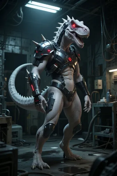 hyper-realistic full body portrait of an albino Indominus Rex, genetic hybrid dinosaur with spikes, glowing red eyes, armored skin, standing in a dark, atmospheric abandoned laboratory, volumetric lighting, masterpiece, 8k resolution, photorealistic.