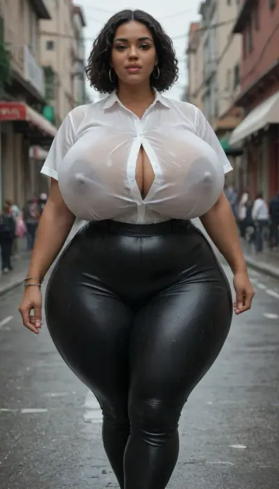 african, very tall, plus size model, (massive saggy breasts), white tight office shirt, black latex pants, (wet clothes:1.3), (massive gigantic hyper breasts:1.1), (breasts covered by shirt:1.2), massive gigantic thighs larger than torso, waist, (african ssbbw:1.1), thick, hyper busty, arms, curvy, crazy voluptuous hourglass figure, huge areolae showing through her clothes, lewd face, sexy look, she walks through the city, braless, (under rain), <lora:pouring_rain_XL:.8>
