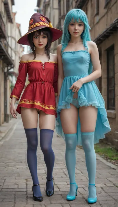 2 girl. First girl., (Girl with blue eyes and long blue hair. She weared short blue dress like Aqua goddess from anime Konosuba. Aqua goddess hair. Middle ages town setup. Her skirt short and semitransparent. She stay on all fourth. Upskirt high. Naked pussy without panties. Blue transparent stockings. Small breasts visible under dress fabric.), Second girl., (Girl with crimson eyes and short black hair. She weared short red dress like Megumin from anime Konosuba. Megumin hair. One leg weared black transparent stocking. Petite tight black pantie visible.), Girls giggling and high pulling up hems of each other., (Cinematic anime style:1.6), (full body front view:1.6), (high heels), (Aqua goddess and Megumin), (teasing)