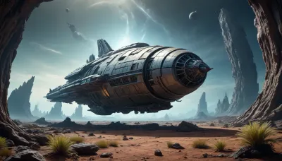 crashed spaceship, alien planet with alien vegetation, sci-fi, Hyperion, battlecruiser, schyperionbc, <lora:Hyperion_Battlecruiser_SDXL_Starcraft:2>