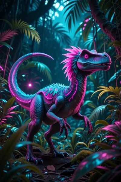 vibrant cyberpunk-colored raptor with neon-pink and teal feathers, exploring a dense tropical jungle. Retro-futuristic neon lighting, 80s aesthetic, synthwave vibe, surreal nature background, vivid colors.