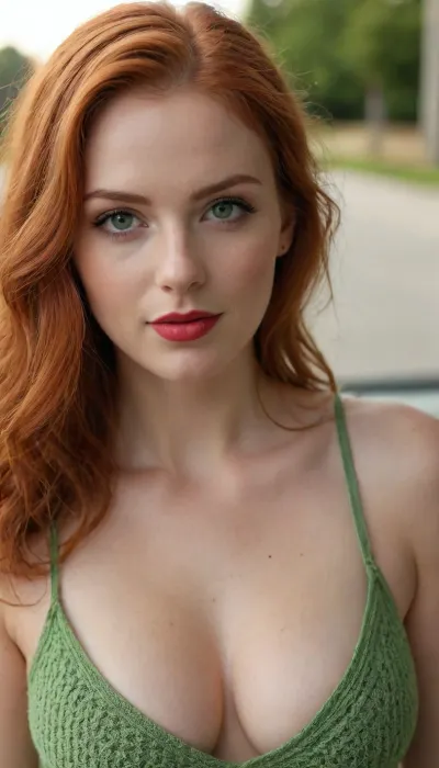 (best quality, award-winning photograph, sharp focus), Crocheted camisole, (wide knit), beautiful face, long hair, seductive face, make-up, red lipstick, redhead hair, green eyes, perfect body, very large natural breasts, the whole figure is visible, soft smile, cinematic, movie still, hyperdetailed photography, 35mm photograph, film, professional, 4k, highly detailed, Golden hour lighting. Depth of field F2. Rule of Thirds Composition