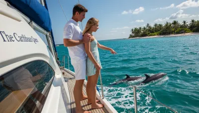 ((one yacht)), Rule of thirds. Cinematic, highly detailed, photorealistic film still of a moment of wonder aboard the 60ft Oyster 565 yacht, called "The Caribbean Queen", in tropical waters.
A bright tropical morning, the sky is blue with small white clouds, a light wind blows and The Caribbean Queen cuts through turquoise water, stirring up small waves and foam, with the heroine standing on the deck, wearing a knee-length light summer dress, hair blowing and sunlit by sea spray.
A tropical island is visible on the horizon and a pod of dolphins leaps near the Caribbean Queen's midsection, close to the hull, slightly below deck level, visible from her position.
She points downward and slightly forward toward the dolphins, her gaze following the line of her finger.
Her partner stands behind her in a loose short-sleeved white shirt and knee-length shorts, steadying her with a supportive hand on her shoulder.
Both gaze toward the dolphins, eyes open, clear line of sight.
Natural anatomy, balanced stance, realistic joint bending, proportional limbs, correct limb count, both arms clearly visible, no occlusion, no hidden limbs.
Dynamic composition, POV looking along the length of the yacht deck from the stern, landscape frame.
Warm sunlight creates sharp glossy highlights, soft shadows, and a golden glow across the skin.
The turquoise ocean sparkles and sunlight creates warm highlights and cinematic lens flares.
Ultra-sharp focus, crisp textures, natural skin tones, dynamic poses, shallow depth of field, high-speed action photography, 8K realism, vibrant summer atmosphere, candid movement.
single yacht, no other boats visible