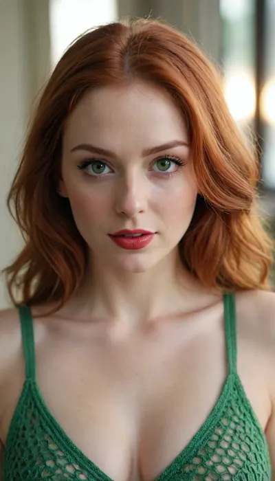 (best quality, award-winning photograph, sharp focus), Crocheted camisole, (wide knit), beautiful face, long hair, seductive face, make-up, red lipstick, redhead hair, green eyes, perfect body, very large natural breasts, the whole figure is visible, soft smile, cinematic, movie still, hyperdetailed photography, 35mm photograph, film, professional, 4k, highly detailed, Golden hour lighting. Depth of field F2. Rule of Thirds Composition