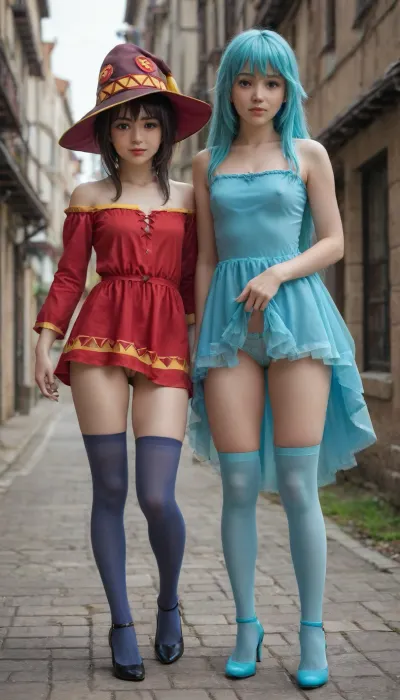 2 girl. First girl., (Girl with blue eyes and long blue hair. She weared short blue dress like Aqua goddess from anime Konosuba. Aqua goddess hair. Middle ages town setup. Her skirt short and semitransparent. She stay on all fourth. Upskirt high. Naked pussy without panties. Blue transparent stockings. Small breasts visible under dress fabric.), Second girl., (Girl with crimson eyes and short black hair. She weared short red dress like Megumin from anime Konosuba. Megumin hair. One leg weared black transparent stocking. Petite tight black pantie visible.), Girls giggling and high pulling up hems of each other., (Cinematic anime style:1.6), (full body front view:1.6), (high heels), (Aqua goddess and Megumin), (teasing)