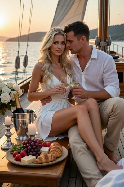 A photorealistic, cinematic image of a romantic cruise on a luxurious sailing yacht during the "golden hour" of sunset. A beautiful blonde with long, wavy hair in an elegant white summer dress sits on the wooden deck with a handsome man with short dark hair, dressed in a white button-down shirt and beige pants. They are close together, he has his arm around her waist, and they are holding glasses of white wine. In the foreground is a wooden table, a silver champagne bucket with a bottle, two lit candles in elegant silver candlesticks, a platter with strawberries, red grapes, cheese, and croissants, and a bouquet of white roses. In the background, a calm sea with golden reflections of the sunset, distant hills, and the sail of a yacht. A luxurious, warm, romantic atmosphere, highly detailed photorealism, sharp focus, and natural cinematic lighting