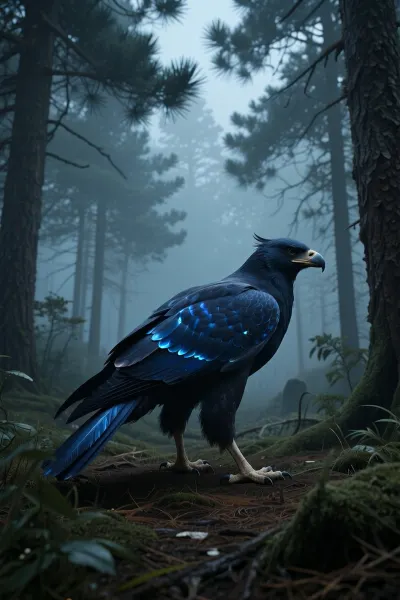sleek, iridescent dark-blue feathered raptor stalking through a misty pine forest in the early morning. Dark, moody atmosphere, cinematic fog, mystical lighting, ethereal nature, photorealistic, Unreal Engine 5 render, 8k.