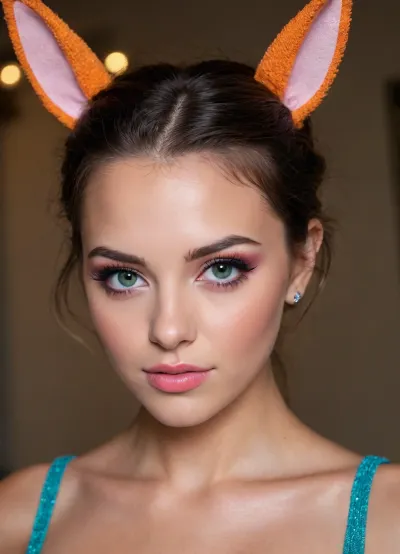 I'm a bad girl.
I lost my panties and tore my bra.
I pulled on my bunny socks and stuck a big carrot in my pussy.
Makeup is orange with glitter, lipstick is glossy green, eyeliner is blue, and long eyelashes are blue.
hairstyle with straight bangs and long straight hair.
The nipples are pink and big