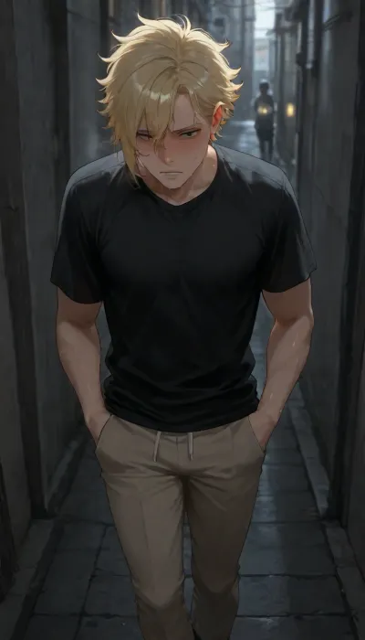 BNHA, (MHA), Hero Prodigy gets a Femboy System, 1boy, Nao Ichijo, His blonde hair, so pale it shimmered near silver, and his face both sharp and delicate. Black eyes gleamed beneath furrowed brows. His slender frame—petite, with just a hint of muscle—strained against the black shirt and slacks clinging to his sweat-damp skin, visible drunk, walking down dark damp dirty alley.