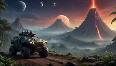 fullcolor image, 8K quality, night, alien planet, fantastic jungles, a volcano background, alien strange landscape, many fantastic animals, some planets satelite visible in sky, space cruiser hovering high over the landscape, an armored all-terrain vehicle drives through the jungle towards the volcano