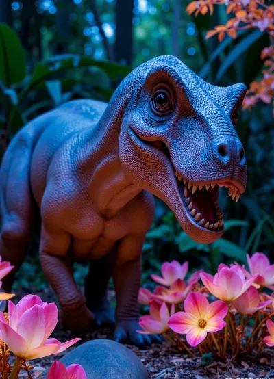 breathtaking cinematic portrait of a majestic dinosaur in a lush bioluminescent prehistoric jungle, iridescent colorful scales, magical glowing flora, 8k resolution, ultra-detailed, volumetric lighting, photorealistic, fantasy concept art, highly detailed face and eyes.