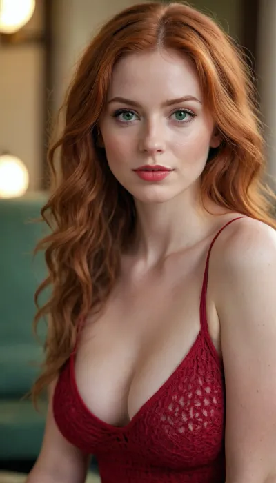(best quality, award-winning photograph, sharp focus), Crocheted camisole, (wide knit), beautiful face, long hair, seductive face, make-up, red lipstick, redhead hair, green eyes, perfect body, very large natural breasts, the whole figure is visible, soft smile, cinematic, movie still, hyperdetailed photography, 35mm photograph, film, professional, 4k, highly detailed, Golden hour lighting. Depth of field F2. Rule of Thirds Composition