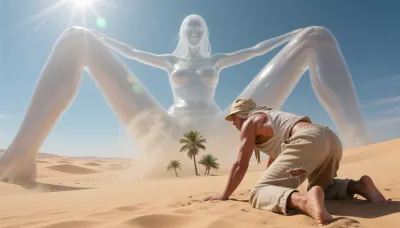 A highly detailed photorealistic desert landscape beneath a merciless blazing midday sun, the composition dominated almost entirely by an immense sky occupying nearly seventy percent of the image, while only a narrow strip of endless golden desert dunes stretches across the lower edge of the frame, cinematic scale emphasizing overwhelming emptiness and isolation, violent heat haze rising from the sand, the atmosphere vibrating with shimmering distortion and burning sunlight, In the foreground at the right side, viewed from a dramatic over shoulder perspective, a desperate exhausted man crawls on all fours through the sand toward the horizon, his entire body visible from behind, moving directly toward the distant mirage, his posture collapsing from dehydration and exhaustion, muscles trembling beneath sunburned skin covered in sweat, dust and sand, every pore, fabric fiber and grain of sand rendered in hyper realistic detail, his torn linen shirt hanging loosely from his body, ripped beige linen pants worn and dirty, barefoot hands digging into the sand, a weathered beige safari hat on his head with a protective cloth hanging behind his neck, cinematic realism emphasizing desperation, suffering and determination, The sky itself is almost completely filled by an enormous female fata morgana in natural beauty, dominating the heavens like a translucent goddess, viewed entirely from the front, impossibly gigantic, her semi transparent body stretching across nearly the entire width and height of the sky, ethereal and softly flickering within the atmospheric distortion, both shoulders visible, both arms extended backward supporting her upper body, both breasts naturally visible in artistic proportions, her face calm, hypnotic and majestic, staring directly outward, her gigantic legs spread wide toward the viewer and slightly bent, creating an immense symmetrical open posture spanning the horizon itself, Exactly in front of her vagina several tiny vivid green palm trees appears, only a few miniature palm trees visible through the shimmering heat haze, almost microscopic compared to the immense scale of the fata morgana, the palm trees appearing like a symbolic hallucination of survival and hope within the infinite desert emptiness, Extreme cinematic scale, analog 35mm film look, subtle film grain, realistic atmospheric perspective, hyper detailed textures, masterpiece composition, surreal desert noir atmosphere, harsh sunlight and deep shadows, emotionally overwhelming visual storytelling, dreamlike realism, shimmering air distortion everywhere, maximum realism and cinematic immersion