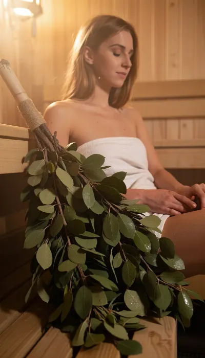 Against the warm, golden backdrop of a Russian banya, inside the banya, a woman with bright, light-brown hair and a soft, warm skin tone, as if illuminated by the setting sun, sits on a wooden bench, surrounded by steam and a warm mist. Her expression is calm and peaceful, with closed eyes and a slight smile, as if enjoying the warmth and comfort. Beside her lies a traditional Russian banya accessory—a thick, lush birch broom made from birch branches with leaves, symbolizing a traditional Russian banya. The leaves should be dense, moist, slightly shiny, and a rich green.
The broom has a thick handle made of branches, tied with twine or rope. A photorealistic bath broom made of birch branches with dense green foliage. The leaves are slightly damp, with drops of dew. The handle is tied with coarse twine. A broom rests on a wooden shelf in a Russian banya, detailed. The subject is dressed in a simple white towel wrapped around her body, with subtle folds and textures. The foreground is filled with warm, golden light, with subtle shadows and reflections on the skin and materials. The middle ground features a wooden bench and the walls of the banya, with subtle textures and patterns. The background is blurred and warm, with a sense of depth and perspective, as if the viewer's gaze penetrates the depths of the banya. The light is warm and soft, with a rim light around the figure, creating a sense of peace and natural beauty. The atmosphere is calm and peaceful, with a feeling of warmth and comfort, as if the viewer is in a Russian banya, surrounded by steam and warm mist. The composition is built around the rule of thirds, with leading lines that direct the viewer's gaze to the subject. The 85mm lens creates a sense of closeness and intimacy, with a soft background blur and a warm, golden light that envelops the entire scene. The mood is calm and tranquil, with a sense of peace and natural beauty, as if the viewer is enjoying the warmth and comfort of a Russian banya.