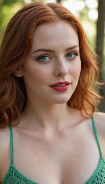 (best quality, award-winning photograph, sharp focus), Crocheted camisole, (wide knit), beautiful face, long hair, seductive face, make-up, red lipstick, redhead hair, green eyes, perfect body, very large natural breasts, the whole figure is visible, soft smile, cinematic, movie still, hyperdetailed photography, 35mm photograph, film, professional, 4k, highly detailed, Golden hour lighting. Depth of field F2. Rule of Thirds Composition