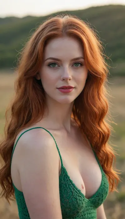(best quality, award-winning photograph, sharp focus), Crocheted camisole, (wide knit), beautiful face, long hair, seductive face, make-up, red lipstick, redhead hair, green eyes, perfect body, very large natural breasts, the whole figure is visible, soft smile, cinematic, movie still, hyperdetailed photography, 35mm photograph, film, professional, 4k, highly detailed, Golden hour lighting. Depth of field F2. Rule of Thirds Composition