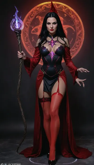 Photorealistic, masterpiece, 8k. Mature body, 40yo mature body. Woman wearing realistic sorceress dress with witch's staff, black and red dress. Black and red stocking. Long black hair. Medium perfect round breasts, small boobs. 5ft high tall, 56kg weight. Red high heel. Sexy pose, sensual pose., zcaster, <lora:Spellcaster_v4:.8>, PENeonUV, blacklight, neon, <lora:PE_NeonUV Style:.8>