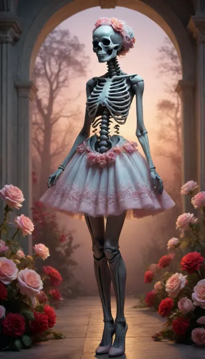 A Macabre and Surreal Illustration of a woman in light pastels depicts a skeletal figure adorned with elaborate floral arrangements that blend elements of the Gothic and Symbolist art movements. Meticulously detailed. Strong contrast between the organic and inorganic. A somber and timeless atmosphere with a hint of nostalgia and history. The light source comes from the front and casts subtle shadows that enhance the three-dimensionality of the bones and flowers. The floral elements are rendered with great attention to detail, their soft petals contrasting with the sharp, angular lines of the skeleton. The flowers add a romantic touch to the work. The texture is smooth with delicate, precise lines and a polished finish. Masterful blend of horror and beauty. Provokes reflection on the transience of life and the inevitability of death. floral short skirt made of cotton candy, romantic sunset, red, smoke, colorful and vibrant, mystical colors, iridescent perspective view, sweeping circling composition, non-representational, colors and shapes, expression of feelings, imaginative, long shadows, dreamy mood, detailed photo, photorealistic photo, realistic pretty women photo, realistic, night vision, soft fokus, parallax, overexposure, photo style, she kneels, cinematic, filmic, scribbled lines, surrender, polychromatic, diffuse, #©KITTYART
