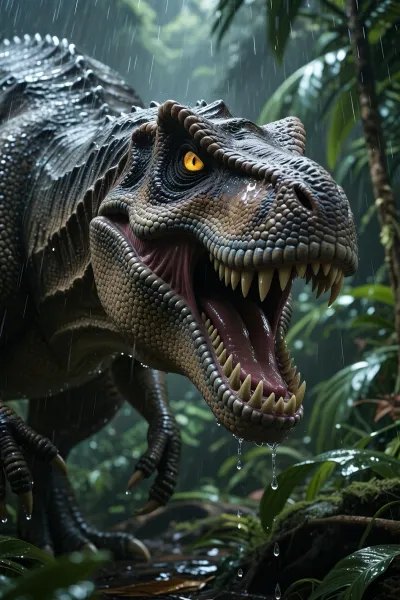 cinematic 8k shot of a massive Tyrannosaurus Rex in a lush, dense tropical jungle, rain pouring down, wet scaly skin reflecting sunlight, powerful jaw, sharp teeth, menacing glowing yellow eyes, photorealistic, cinematic lighting, shot on 35mm lens, Unreal Engine 5 render, highly detailed.