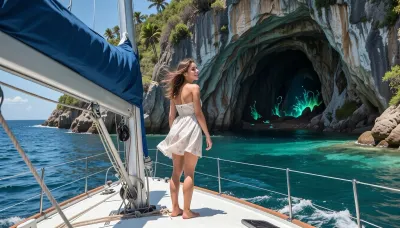 ((one yacht)), Rule of thirds. Cinematic, highly detailed, photorealistic film still of a moment of wonder aboard the 60ft Oyster 565 yacht, "The Caribbean Queen", sailing through tropical waters.Embark on an unforgettable journey with our new challenge "A Yacht Adventure, " where the main character is a beautiful girl. Imagine a bright sunny morning as she, dressed in a light dress, stands on the deck of an elegant yacht, admiring the inside of the gigantic littoral cave that the yacht is now entombed by, entranced by the rock formations, luminescent algae and marine life all around her. The wind plays with her hair, and her smile reflects the joy of freedom and adventure. Around her are the sounds of waves, the gentle whisper of the sea, and the scent of fresh ocean breeze. Create stunning works of art that capture the atmosphere of serenity, romance, and the spirit of exploration by joining our challenge! Ultra‑sharp focus, crisp textures, natural skin tones, dynamic poses, shallow depth of field, high‑speed action photography, 8K realism, vibrant summer atmosphere, candid movement.
single yacht, no other boats visible.