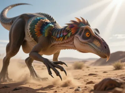 detailed close-up shot of a scientifically accurate Velociraptor mongoliensis. The dinosaur has a sleek, bird-like body covered in detailed colorful feathers, keen amber eyes, and a sharp sickle claw on its hind foot. Dynamic action pose, stalking prey in a prehistoric desert environment. Sunbeams filtering through the dust, dramatic lighting, highly detailed plumage, 8k, photorealistic, wildlife documentary aesthetic.