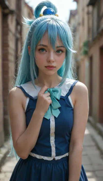 Girl with blue eyes and long blue hair. She weared like Aqua goddess from anime Konosuba.