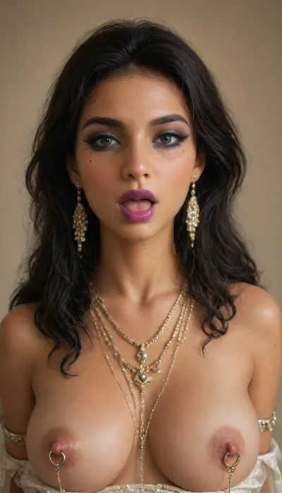 I am a princess girl maiden, (high-quality facial detail:1.3), Indian sexy beautiful girl, (blue eyes:1.3), ((bimbo makeup, intense saturated glossy purple lipstick:1.2)), (Indian face:1.9), ((makeup:1.8), long blue eyelashes, olive eyeshadow with glitter), (lips:1.2), open mouth, saliva, in a transparent tight-fitting sequined dress, Photorealistic, high resolution, (((body jewelry))), ((((nipple chain)))), (((((nipple rings))))), My tummy is very swollen cum eruption, 4ng3l, face, detailed, eyes, perfect, freckles, skin, texture, photorealistic, <lora:Iaaras2:2>, <lora:SDXL_BetterFaces-LoRA_v1:2>, <lora:Super_Eye_Detailer_By_Stable_Yogi_SDPD0:1>