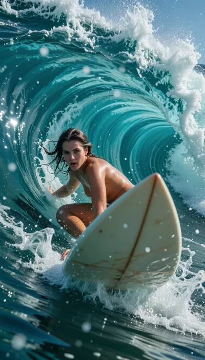 A highly detailed photorealistic cinematic surf scene captured from deep inside a massive turquoise ocean barrel, the camera positioned extremely close to the nose of the surfboard, the sharp pointed tip dominating the extreme foreground in dramatic cinematic blur, almost touching the lens, creating immense depth and speed, while the female surfer herself becomes the absolute focal point inside the wave, framed perfectly by the curling water tunnel surrounding her, A 25 years old athletic female surfer rides deep within the hollow wave, her body low and powerful with perfect realistic anatomy and visible muscle tension, every detail of her skin, face and posture rendered in hyper realistic clarity, subtle wet skin sheen, pores, water droplets and fine hairs illuminated by refracted sunlight passing through the translucent wave, her expression intensely focused and alive, realistic facial muscles, concentrated eyes, slightly open lips breathing through the movement, wet hair partially flowing backward in the speed of the barrel, cinematic emotion and physical tension visible in every detail, The gigantic ocean wave wraps entirely around her like a liquid cathedral, enormous emerald and turquoise water walls curling overhead with incredible scale, hyper detailed textures inside the barrel, trapped air bubbles, chaotic foam streaks, translucent water layers and shimmering sunlight penetrating through the surface, deep shadows inside the tube contrasting against bright glowing highlights, subtle motion blur in the wave itself enhancing speed while the surfer’s face and upper body remain razor sharp, The surfboard nose in the foreground appears massive because of the ultra wide angle lens perspective, the board surface scratched and wet with realistic wax texture and saltwater reflections, fine droplets spraying toward the camera lens, cinematic ocean mist suspended in the air, analog 35mm film look, subtle film grain, masterpiece composition, immersive ultra wide perspective, extreme sports photography aesthetic, realistic water physics, breathtaking Hawaiian surf atmosphere, emotionally intense cinematic realism, ultra realistic reflections and textures, maximum realism, dynamic energy and motion captured in a single frozen moment