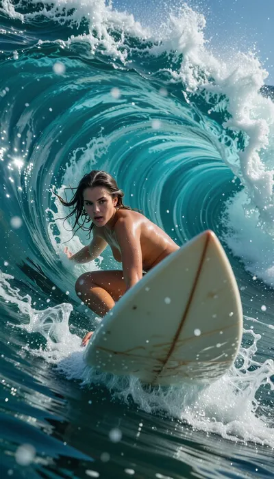 A highly detailed photorealistic cinematic surf scene captured from deep inside a massive turquoise ocean barrel, the camera positioned extremely close to the nose of the surfboard, the sharp pointed tip dominating the extreme foreground in dramatic cinematic blur, almost touching the lens, creating immense depth and speed, while the female surfer herself becomes the absolute focal point inside the wave, framed perfectly by the curling water tunnel surrounding her, A 25 years old athletic female surfer rides deep within the hollow wave, her body low and powerful with perfect realistic anatomy and visible muscle tension, every detail of her skin, face and posture rendered in hyper realistic clarity, subtle wet skin sheen, pores, water droplets and fine hairs illuminated by refracted sunlight passing through the translucent wave, her expression intensely focused and alive, realistic facial muscles, concentrated eyes, slightly open lips breathing through the movement, wet hair partially flowing backward in the speed of the barrel, cinematic emotion and physical tension visible in every detail, The gigantic ocean wave wraps entirely around her like a liquid cathedral, enormous emerald and turquoise water walls curling overhead with incredible scale, hyper detailed textures inside the barrel, trapped air bubbles, chaotic foam streaks, translucent water layers and shimmering sunlight penetrating through the surface, deep shadows inside the tube contrasting against bright glowing highlights, subtle motion blur in the wave itself enhancing speed while the surfer’s face and upper body remain razor sharp, The surfboard nose in the foreground appears massive because of the ultra wide angle lens perspective, the board surface scratched and wet with realistic wax texture and saltwater reflections, fine droplets spraying toward the camera lens, cinematic ocean mist suspended in the air, analog 35mm film look, subtle film grain, masterpiece composition, immersive ultra wide perspective, extreme sports photography aesthetic, realistic water physics, breathtaking Hawaiian surf atmosphere, emotionally intense cinematic realism, ultra realistic reflections and textures, maximum realism, dynamic energy and motion captured in a single frozen moment