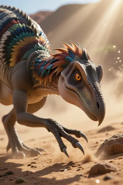 detailed close-up shot of a scientifically accurate Velociraptor mongoliensis. The dinosaur has a sleek, bird-like body covered in detailed colorful feathers, keen amber eyes, and a sharp sickle claw on its hind foot. Dynamic action pose, stalking prey in a prehistoric desert environment. Sunbeams filtering through the dust, dramatic lighting, highly detailed plumage, 8k, photorealistic, wildlife documentary aesthetic.