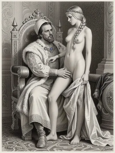 This is a detailed monochromatic pencil drawing in a classical illustrative style depicts a scene set in Russian artist's painting "False Dmitry I and Tsarevna Ksenia Godunova" in the style of the Russian artist Vasnetsov. Russian Tsar Dmitry I, a historical figure who seized the throne of the Russian Empire, is sitting on the throne in the royal chamber, he is dressed in noble caftan of the early 17th century, in front of him stands a very beautiful Russian girl tsarevna with a long blond braid as the of the Russian noble girl of the 17th century, she are naked, a hoop with precious stones on her head only. She dutifully shows him her hairy pussy, (her hairy pussy are visible:1.3), and he lasciviously touches her crotch and labia. Submissive submission sex scene., (Historical authenticity of the outfits:1.8), . The overall style is a black and white pencil drawing, capturing a candid moment. The scene has a formal, organized atmosphere. The overall mood is intense, rendered in fine, expressive line work and subtle shading, evoking the style of 1950s satirical or moralistic illustrations.