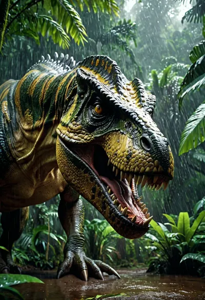 cinematic 8k shot of a massive Tyrannosaurus Rex in a lush, dense tropical jungle, rain pouring down, wet scaly skin reflecting sunlight, powerful jaw, sharp teeth, menacing glowing yellow eyes, photorealistic, cinematic lighting, shot on 35mm lens, Unreal Engine 5 render, highly detailed.