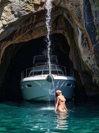 ((one yacht)), Rule of thirds. Cinematic, highly detailed, photorealistic film still of a 60ft Oyster 565 yacht approaching and entering a wide littoral sea cave along a tropical coastline.
Camera positioned outside the cave, looking inward toward the dark interior. The bow of the yacht glides into the cave while the stern remains in bright sunlight.
The cave mouth is large, with rugged natural rock walls and wet surfaces catching soft reflections from the turquoise water.
Sunlight pours in from behind the camera, illuminating the yacht’s exterior and creating a strong contrast with the shadowed interior.
Inside the cave, subtle ambient light reflects off the water, creating faint blue‑green highlights on the lower rock surfaces, natural and realistic, no artificial glow.
The water inside the cave is darker, with gentle ripples and soft reflections of the yacht’s hull.
A narrow cascade of water pours down from the cave ceiling across the bow of the yacht, splashing onto the deck and railings, natural fresh water falling from above, lit by soft reflected light.
A beautiful woman stands under the falling water, head back enjoying the cool spray.
Natural anatomy, balanced stance, realistic joint bending, proportional limbs, correct limb count, no occlusion, no hidden limbs.
Ultra‑sharp focus, crisp textures, natural skin tones, dynamic poses, shallow depth of field, high‑speed action photography, 8K realism, vibrant tropical atmosphere, candid movement.
single yacht, no other boats visible.