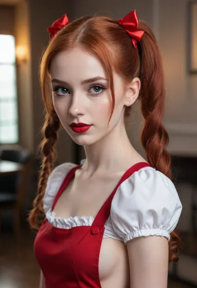 Close up Raw photo, 8k uhd, high quality, high resolution, ultra-detailed, professional photography, photorealism, realistic, beautiful sexy skinny tall supermodel 25yp woman, maid look, beautiful face, long pigtails hairstyle with red bows, redhead hair, seductive face, makeup, red lipstick, full body visible, complete body showing bmbplora