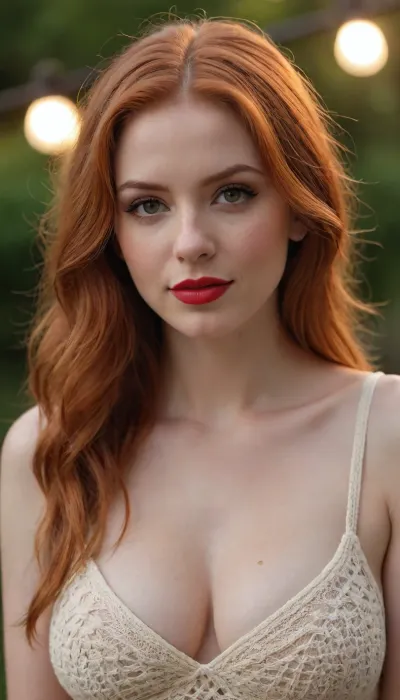 (best quality, award-winning photograph, sharp focus), Crocheted camisole, (wide knit), beautiful face, long hair, seductive face, make-up, red lipstick, redhead hair, perfect body, very large natural breasts, the whole figure is visible, soft smile, cinematic, movie still, hyperdetailed photography, 35mm photograph, film, professional, 4k, highly detailed, Golden hour lighting. Depth of field F2. Rule of Thirds Composition