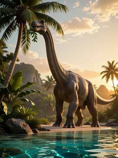 breathtaking cinematic shot of a majestic giant Brachiosaurus eating leaves from a palm tree on a lush tropical island, golden hour sunset, dramatic lighting, crystal clear blue water, vibrant green jungle, photorealistic, 8k resolution, highly detailed, Unreal Engine 5 render, National Geographic style.