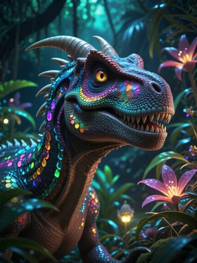breathtaking cinematic portrait of a majestic dinosaur in a lush bioluminescent prehistoric jungle, iridescent colorful scales, magical glowing flora, 8k resolution, ultra-detailed, volumetric lighting, photorealistic, fantasy concept art, highly detailed face and eyes.