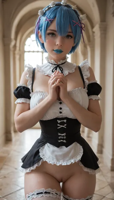 score_9, score_8_up, score_7_up, score_6_up, (rem from re zero), insane detailed face, pretty face, horny, seductive, naughty, sexy maid outfit, large god breast, frilly choker, perfect fingers, extremely sweaty skin, mansion hallway, night, blue lipstick, god pussy, god bubble butt, (horny pose:1.8)
