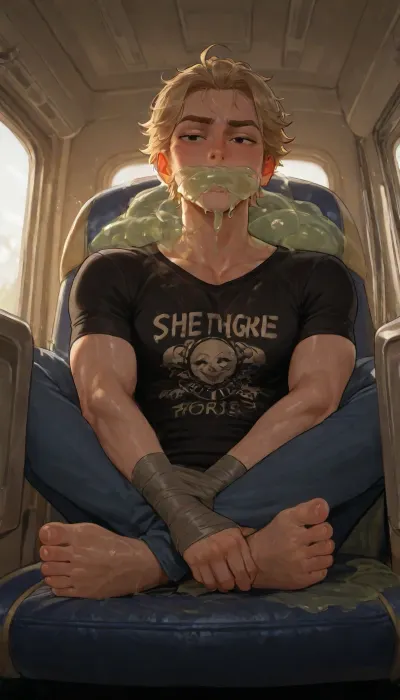 BNHA, (MHA), Hero Prodigy gets a Femboy System. 1boy, Nao Ichijo, age 18, young man, Masculine face, young face, youthful face, Masculine shoulders, Toned arms, Toned legs, Slender legs, Toned ass, wearing black shirt with blue jeans, His blonde hair so pale it shimmered near silver and his face both sharp and delicate with Black eyes gleamed beneath furrowed brows and His slender frame petite, with just a hint of muscle—strained against the black shirt and slacks clinging to his sweat-damp skin, He climbed aboard the Tokyo public Hachiko Ward Community Bus, the doors hissing shut behind him. Dropping his bag, he slumped into a cracked vinyl seat, the stale air inside heavy with something sour. A faint squeak jolted him, and his gaze darted downward. "Fuck!" Nao yelped, lurching to his feet. A rat, beady eyes glinting, scurried beneath the seat. Nao's head spun, and he stumbled, barely catching himself on the seat's edge. "What kinda shitty bus is this?" Before he could process the thought, a slick, cold sensation clamped over his mouth. Slimy, viscous liquid oozed across his lips, gagging him. He clawed at it, fingers slipping uselessly against the gelatinous mass. Panic surged as the same slimy tendrils snaked around his wrists and ankles, binding him in a lewd, clinging embrace. His chest heaved, but the slime surged into his throat, flooding his airways, incase style, (Cartoony), incase, style, <lora:bimboxl_02:.5>, <lora:Incase_Style__SDXL:.4>
