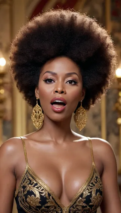 Crie uma imagem "8K Games Pele 3D" "Game Studios" "3D Games style" close-Up mature big titts ----------------------------------------------------------------------------------------------------- "A soulful woman singing passionately into a vintage microphone, wearing ornate earrings and a luxurious black and gold embroidered outfit. Her natural, voluminous afro hairstyle is beautifully highlighted under warm lighting. The background features an artistic tapestry with rich, intricate patterns, adding an elegant and cultural atmosphere." Art Decó