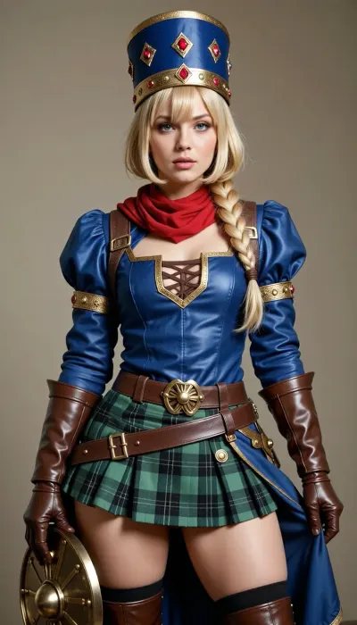 Here is a detailed description of this character's outfit and hair based on the image, ### Hair & Headwear

* **Style, ** She has shoulder-length bright blonde hair with a straight fringe, (bangs), framing her face. The hair is tied or tucked in the back, with a single braided or gathered low ponytail resting over her left shoulder, secured by a brown band.
* **Headwear, ** She wears a tall, cylindrical crown-style hat or pillbox hat. It is primarily blue and decorated with a repeating pattern of gold diamonds and red jeweled accents along the sides, with a gold rim at the base.

---

### Outfit

The character wears a medieval or fantasy-style warrior outfit featuring vibrant colors and leather armor accents.

* **Top, ** * A long-sleeved, form-fitting **royal blue tunic or jacket** with slightly puffed shoulders.
* The jacket features **gold trim** along the square neckline, down the center chest, and around the shoulder seams.
* The chest area features a small brown lace-up corset detail.
* A bright **red scarf or cowl** is wrapped snugly around her neck.


* **Skirt & Belt, ** * A short, wrap-style **green plaid, (tartan), mini-skirt** with dark green intersecting lines.
* The skirt is accented with gold buttons or snaps down the left side.
* It is secured at the waist by a wide **brown leather belt** with a prominent gold buckle.


* **Gloves & Shield, **
* She wears thick, flared **brown leather gauntlets/gloves** on both hands.
* In her left hand, she holds a round, metallic **gold buckler shield**.


* **Footwear, **
* High, over-the-knee **brown leather boots** with a slight heel.
* The tops of the boots are cuffed and secured with small silver-buckled straps, showing a peek of black socks or stockings underneath.