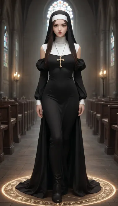 anime style, Japanese and Korean online game art style, 2008 to 2015 retro game aesthetic, character design, NPC portrait, full body standing, high quality, detailed illustration, semi-realistic anime, vibrant colors, beautiful female character, nun, cleric, sister, holy maiden, long hair, gentle expression, serene face, elegant posture, divine aura, pale skin, detailed eyes, modified nun habit, tight-fitting bodysuit, form-fitting black and white outfit, sleek texture, gothic trim, revealing silhouette, cross necklace, religious symbols, detached sleeves, thigh-high boots, glossy fabric, simple background, magical circle, church interior, fantasy game interface frame, soft lighting, glowing effects, mystical atmosphere.