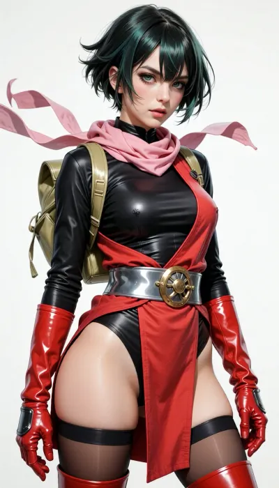 She has a short, textured, and slightly spiky haircut, (often referred to as a pixie cut or anime-style short hair), with prominent bangs that frame her forehead.
​Color, The hair is dark green or black with deep green highlights, rendered in a classic watercolor style that gives it a glossy, reflective look.
​Outfit
​The character wears a stylized, dynamic ninja-inspired outfit, (shinobi shozoku), with a vibrant color palette of red, black, and gold/olive green.
​Torso & Body, * She wears a sleek, form-fitting black long-sleeved bodysuit or top.
​Over the bodysuit is a bright red sleeveless tunic or tabard that covers the front and back of her torso, secured at the waist.
​On her back, she carries a light olive-green or golden backpack-like pack, likely used for carrying ninja gear.
​Scarf, A long, flowing pink scarf is tied around her neck, with the ends fluttering out behind her right shoulder.
​Waist & Lower Body, * She wears a metallic silver or grey belt with a prominent golden circular buckle/ornament at the center.
​The outfit features high-cut hips, leading down to dark, translucent thigh-high stockings or leggings held up by dark bands around the upper thighs.
​Hands & Footwear, ​On her arms, she wears matching bright red gauntlets or arm guards that extend up her forearms.
​On her feet, she wears bright red, calf-high boots with a golden or flat trim along the soles.
Big natural breasts, big ass