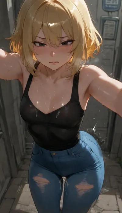 BNHA, (MHA), Hero Prodigy gets a Femboy System, Nao Ichijo, Feminine face, Feminine shoulders, flat chest, Petite arms, Slender legs, Round ass, wearing torn up damaged dirty black shirt with blue jeans with visible penis bulge, His short blonde hair so pale it shimmered near silver and his face both sharp and delicate with Black eyes gleamed beneath furrowed brows and His slender frame petite, with just a hint of muscle—strained against the black shirt and slacks clinging to his sweat-damp skin. Nao Ichijo staggered toward a flickering bus stop. Weakness just after The System's activated involuntary.