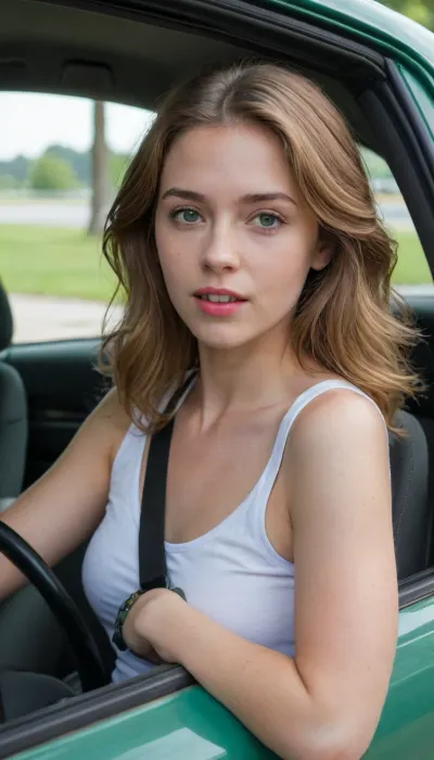 A close-up shot from inside a car, depicting a young woman glancing slightly to the left, with a gentle, almost neutral expression, she has fair skin, light brown hair that falls to her shoulders, and is wearing a white top, suggesting it is warm weather, light blue and white cars can be seen outside the car window with greenery and a pale green fence in the background, indicating she's in a suburban or semi-urban setting, the interior of the car, including the door, window, and seatbelt, are visible, offering context, the shot appears to be taken during the daytime, with soft, natural lighting, the composition suggests a candid or documentary style, capturing a moment in time, the image's mood is relaxed and observational, typical of a snapshot or casual photograph. digital photograph quality.