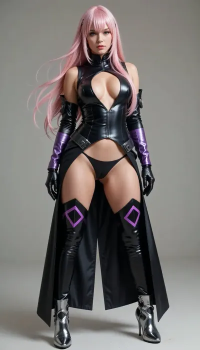 '

* **Color and Style, ** The character has long, vibrant pastel pink hair that extends well past her waist.
* **Cut, ** It features straight, face-framing bangs and longer side strands that drape over her shoulders, while the rest of the hair flows loosely down her back, tapering into slightly wispy ends.

---

### **Outfit**

The character wears a highly stylized, form-fitting sci-fi/fantasy outfit with a dark, metallic sheen.

* **Main Bodysuit, ** A glossy black, sleeveless high-neck bodysuit. It features a dramatic, plunging teardrop cut-out across the chest and an open midriff section that exposes her stomach down to the waist.
* **Skirt/Coattails, ** Attached at the waist is a long, split black skirt or coattail design that opens completely in the front, revealing a black bikini-style bottom, and drapes down behind her legs.
* **Sleeves and Gloves, ** She wears detached, elbow-length sleeves that blend purple and black, paired with solid black gloves.
* **Legwear and Boots, ** She wears thigh-high, glossy black boots or stockings accented with sharp purple geometric patterns near the top. The footwear consists of high-heeled shoes with distinct, metallic silver armor plating over the ankles and toes.
Tanned skin, big ass, big natural breasts