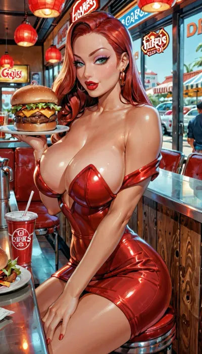 20 y.o., small height, lifting big burger, hamburgers, food porn, cute face, she wearing long red dress, off shoulder, breasts out, sitting on diner's counter covered in food, slim waist, cupping huge burger breasts, downblouse, (Jessica rabbit), reiq style, <lora:sd_xl_turbo_lora_v1-64dim:.8>, futuristic-fantasy-anime, <lora:futureistic_fantasy_anime_sdxl_v1:.8>
